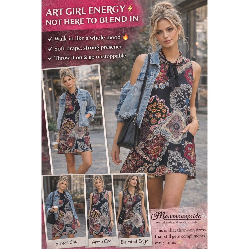Boho Patchwork Print Shift Dress Sleeveless Tie Neck Artsy Medallion PXL